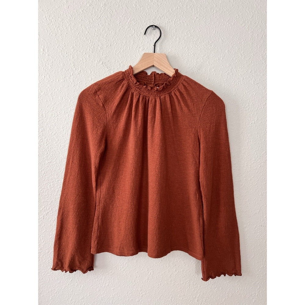 Madewell Texture & Thread Rust Ruffled Mockneck Bell Sleeve Top Retro Boho Small